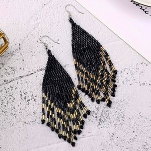 Handmade Beaded Colorful Fringe Earrings in Black and Gold Chevron